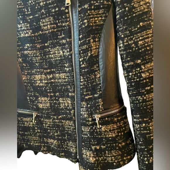 REBECCA TAYLOR PEBBLED TWEED BLACK N GREY JACKET WITH FAUX LEATHER ACCENTS, SZ4 - Picture 9 of 14